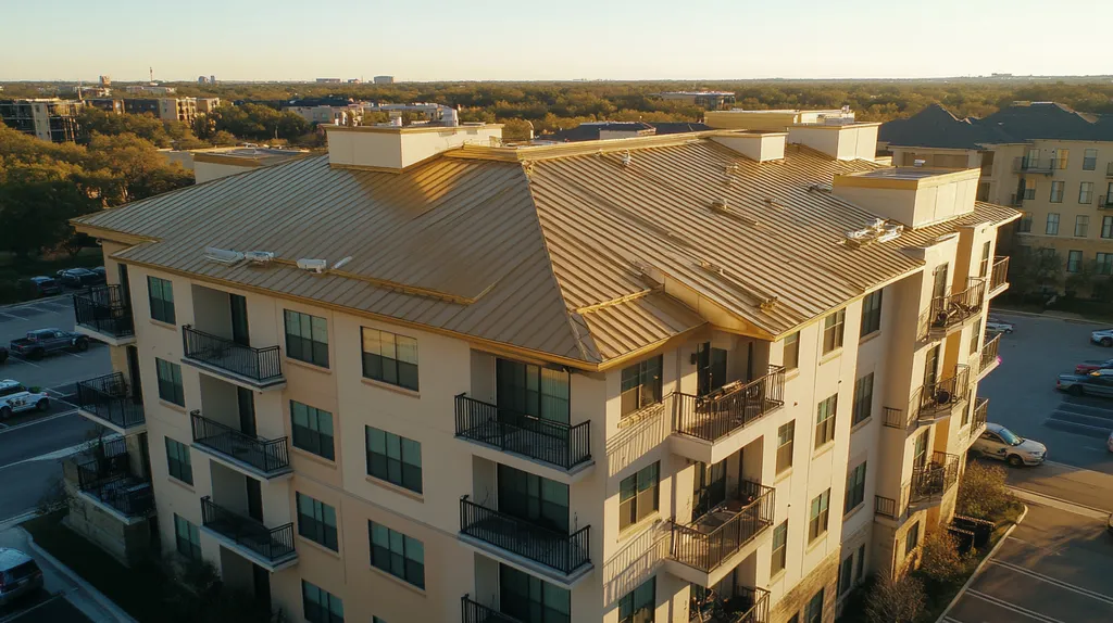 A commercial roof on high-rise apartments in a location similar to Dallas with a solid gold aesthetic (AI image)