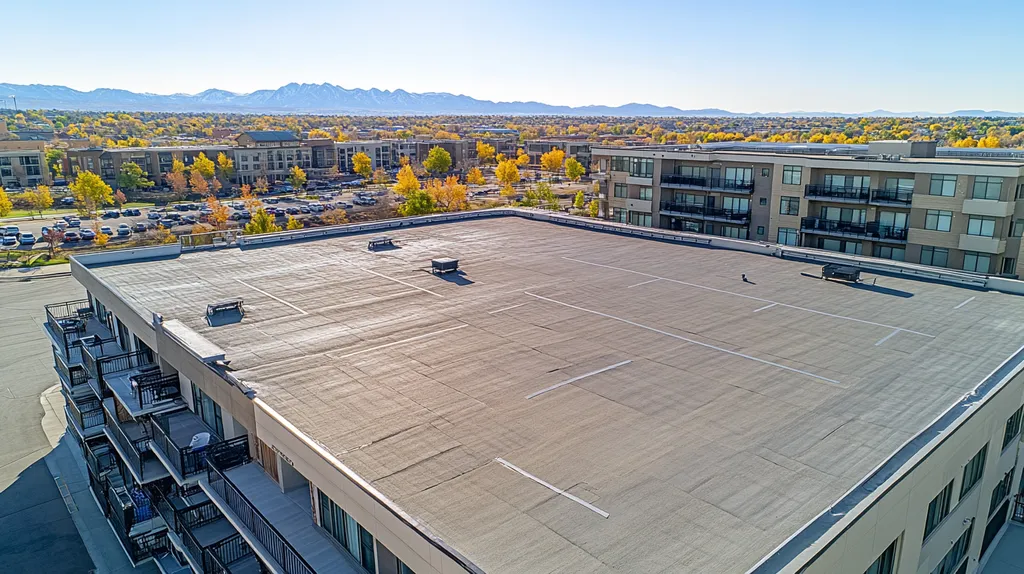 A commercial roof on high-rise apartments in a location similar to Denver with an architectural photography aesthetic (AI image)