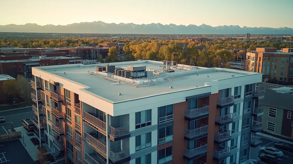 A commercial roof on high-rise apartments in a location similar to Denver with an architectural photography aesthetic (AI image)