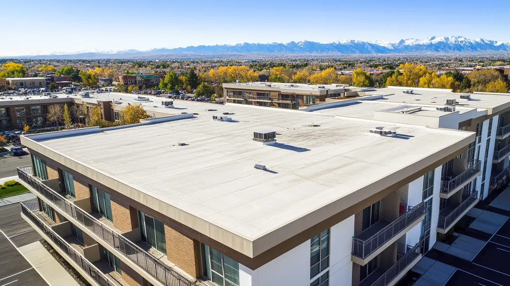 A commercial roof on high-rise apartments in a location similar to Denver with an architectural photography aesthetic (AI image)