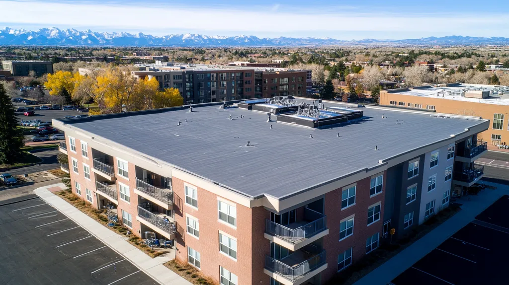 A commercial roof on high-rise apartments in a location similar to Denver with an architectural photography aesthetic (AI image)