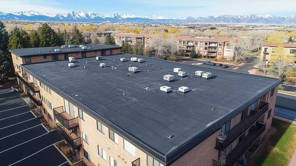 A commercial roof on high-rise apartments in a location similar to Denver with a comic book style aesthetic (AI image)