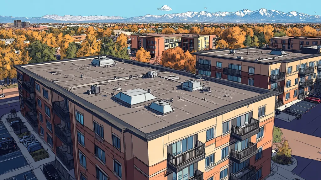 A commercial roof on high-rise apartments in a location similar to Denver with a comic book style aesthetic (AI image)