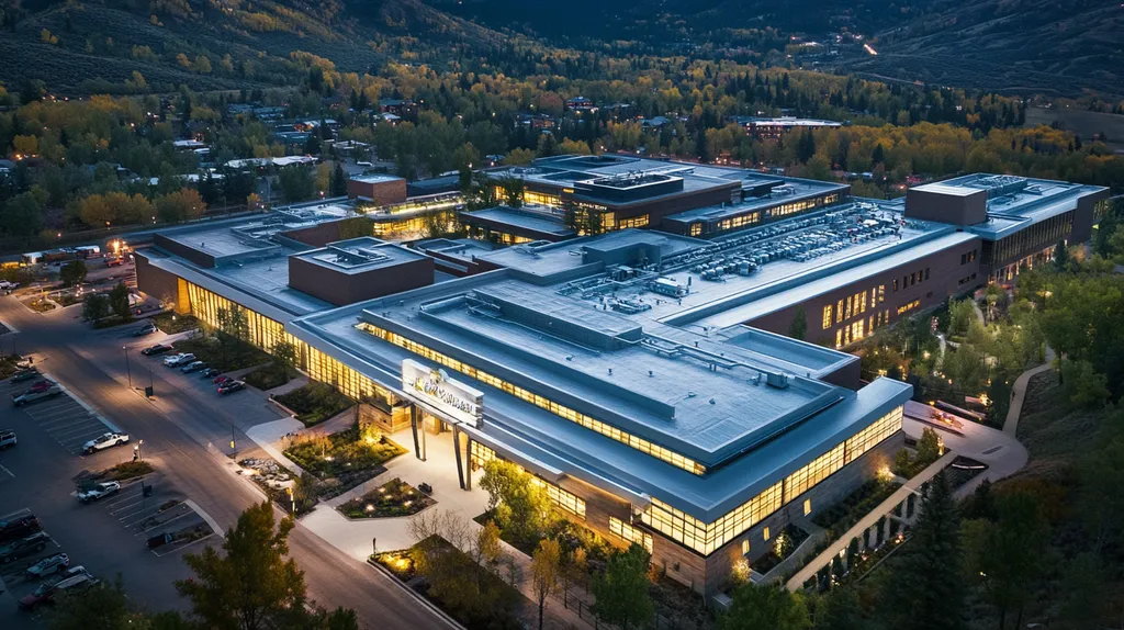 A commercial roof on a hospital in a location similar to Aspen with an illuminated nightscape aesthetic (AI image)