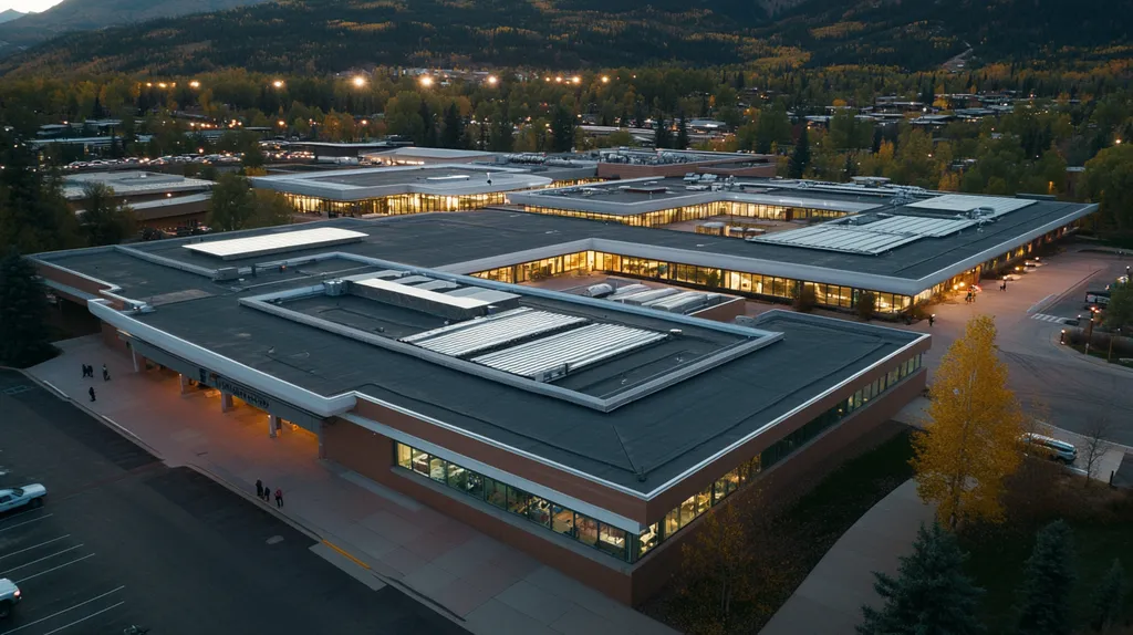 A commercial roof on a hospital in a location similar to Aspen with an illuminated nightscape aesthetic (AI image)
