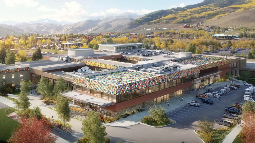 A commercial roof on a hospital in a location similar to Aspen with a mosaic tile art aesthetic (AI image)