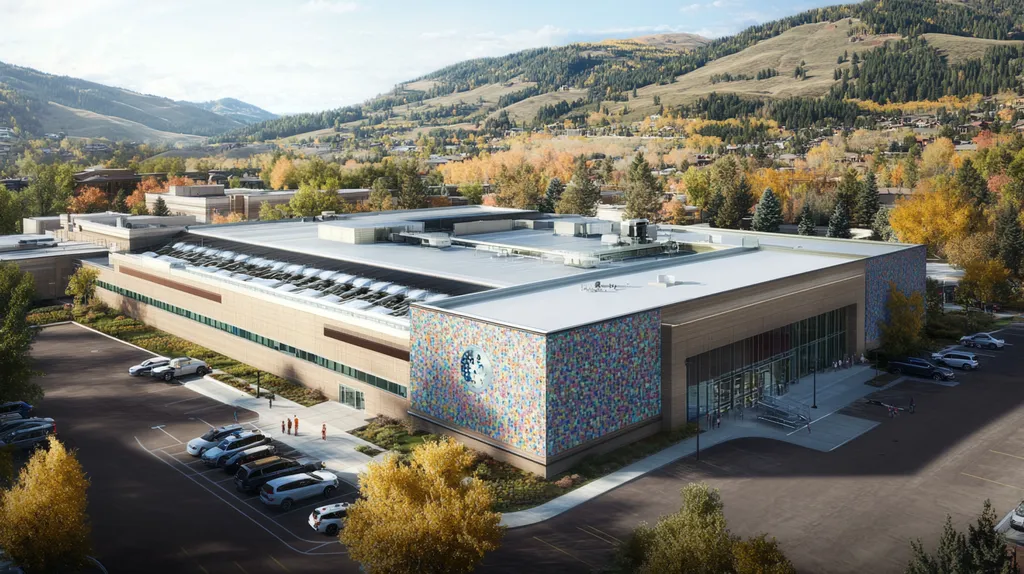 A commercial roof on a hospital in a location similar to Aspen with a mosaic tile art aesthetic (AI image)