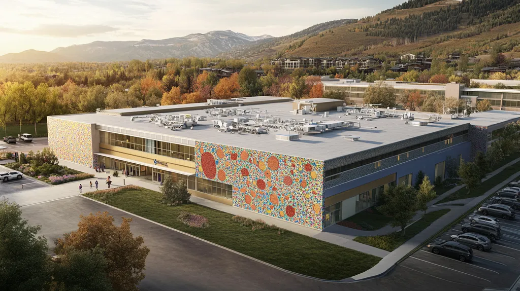 A commercial roof on a hospital in a location similar to Aspen with a mosaic tile art aesthetic (AI image)