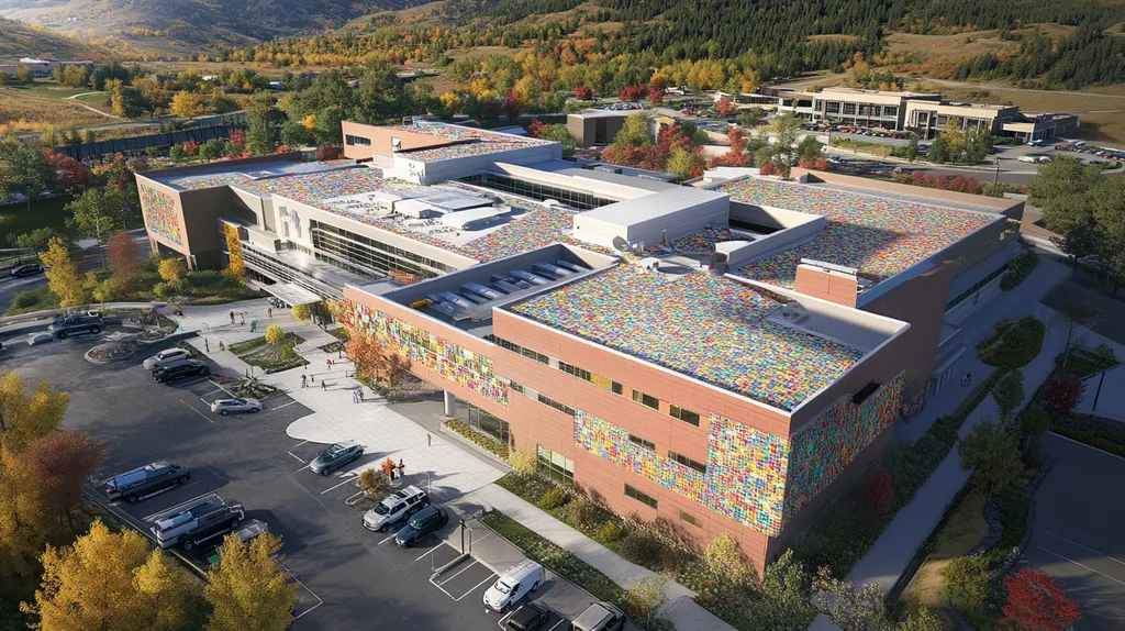 A commercial roof on a hospital in a location similar to Aspen with a mosaic tile art aesthetic (AI image)