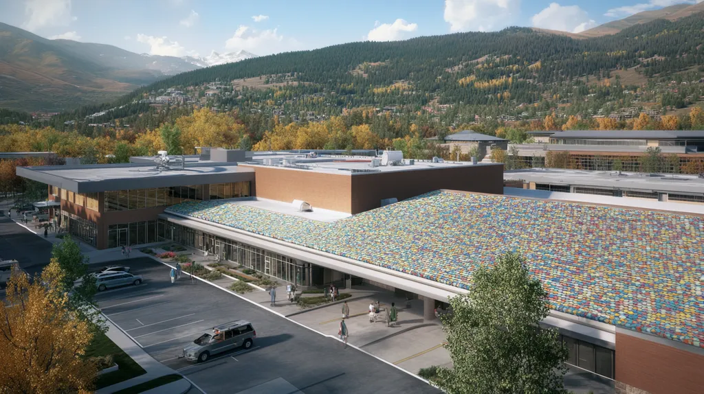 A commercial roof on a hospital in a location similar to Aspen with a mosaic tile art aesthetic (AI image)