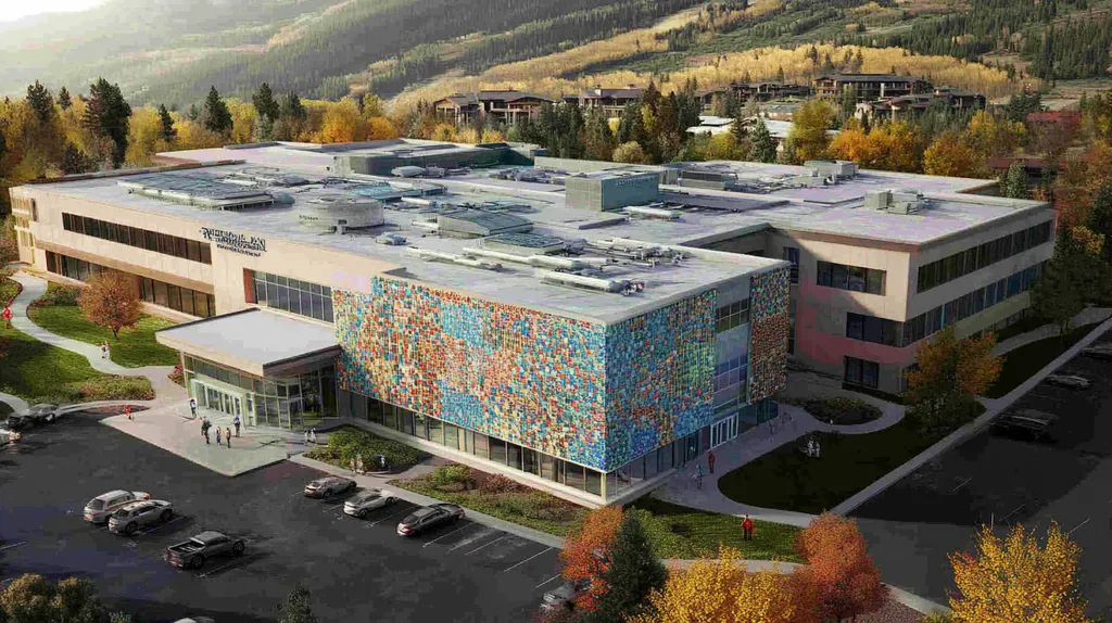 A commercial roof on a hospital in a location similar to Aspen with a mosaic tile art aesthetic (AI image)