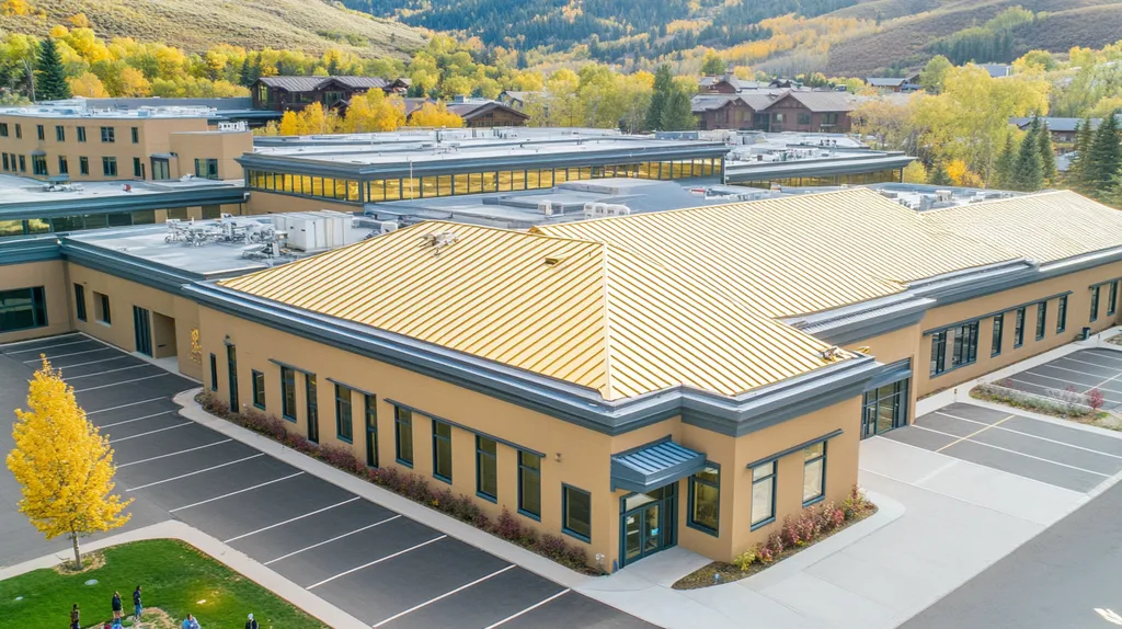 A commercial roof on a hospital in a location similar to Aspen with a solid gold aesthetic (AI image)