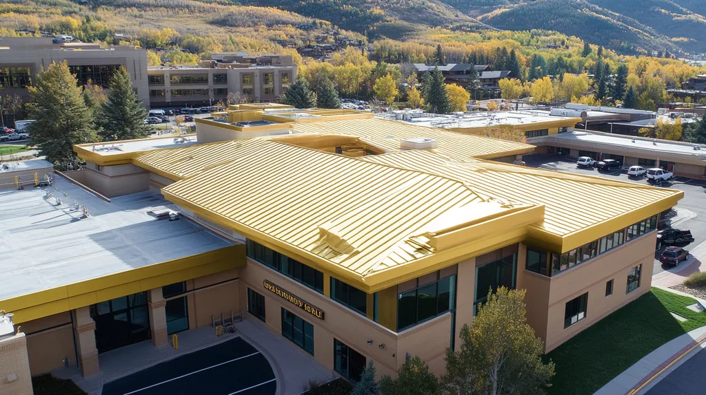 A commercial roof on a hospital in a location similar to Aspen with a solid gold aesthetic (AI image)