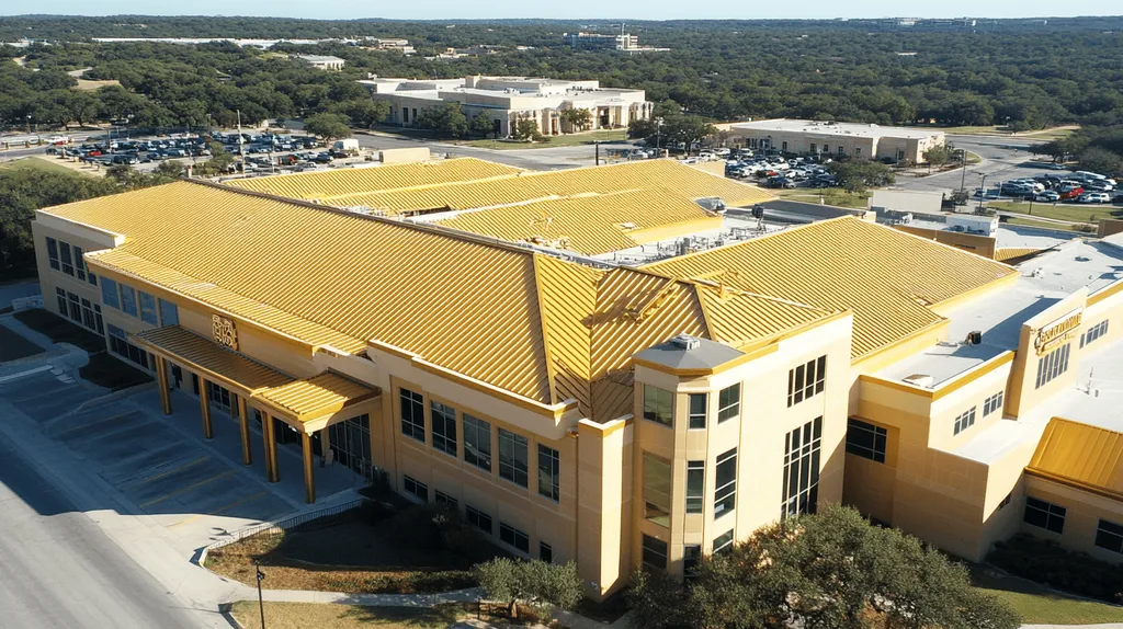 A commercial roof on a hospital in a location similar to Austin with a solid gold aesthetic (AI image)