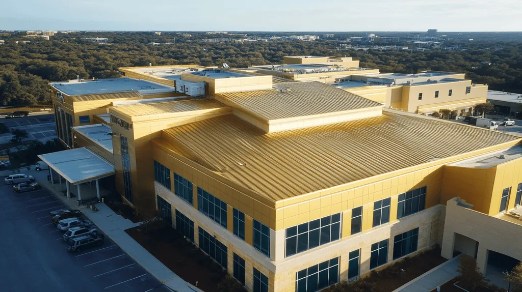 A commercial roof on a hospital in a location similar to Austin with a solid gold aesthetic (AI image)