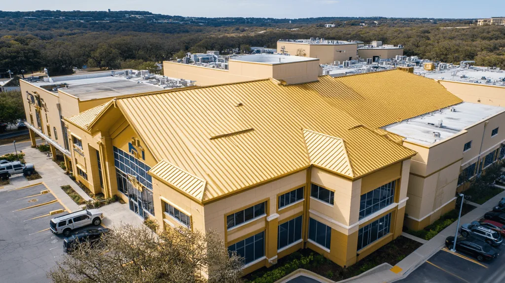A commercial roof on a hospital in a location similar to Austin with a solid gold aesthetic (AI image)