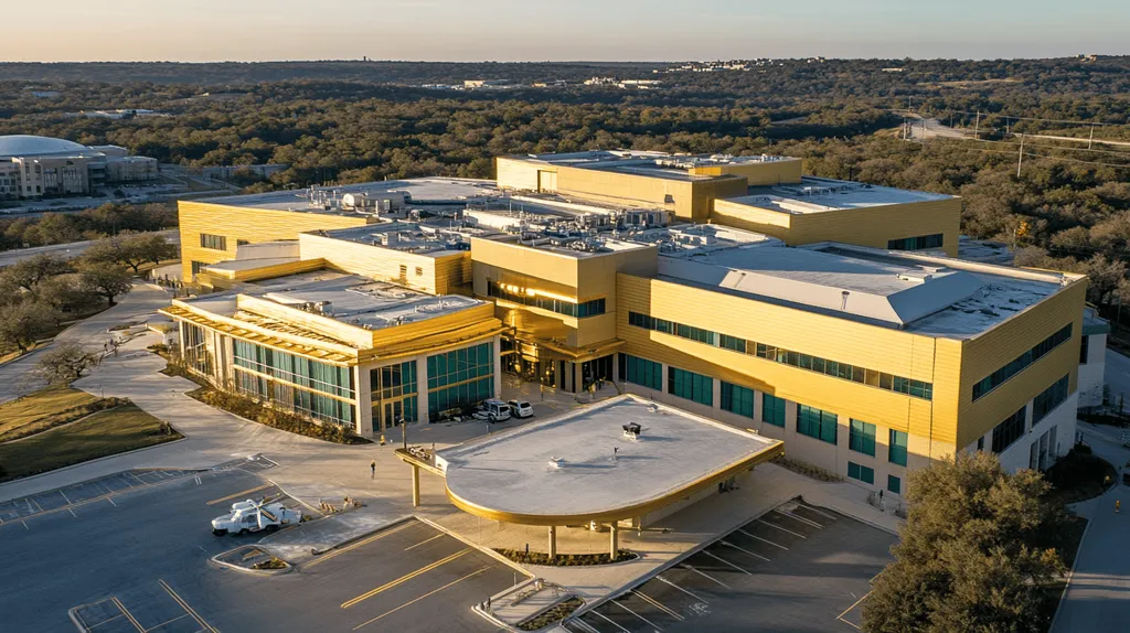 A commercial roof on a hospital in a location similar to Austin with a solid gold aesthetic (AI image)