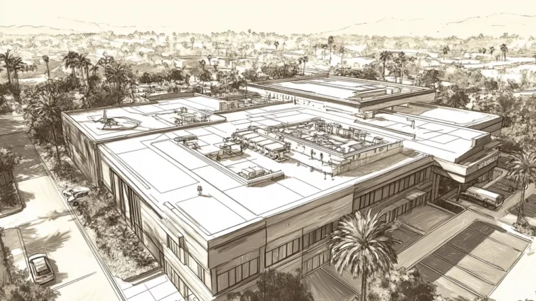 A commercial roof on a hospital in a location similar to Beverly Hills with an architectural sketch rendering aesthetic (AI image)