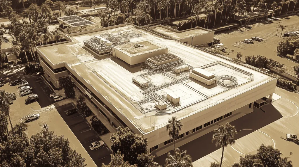 A commercial roof on a hospital in a location similar to Beverly Hills with an architectural sketch rendering aesthetic (AI image)