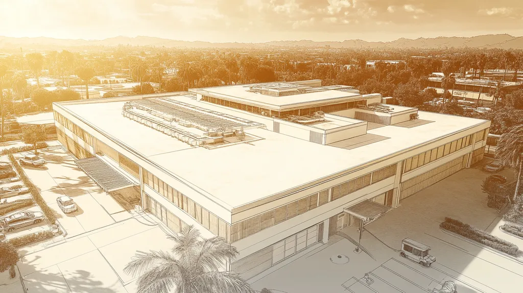 A commercial roof on a hospital in a location similar to Beverly Hills with an architectural sketch rendering aesthetic (AI image)
