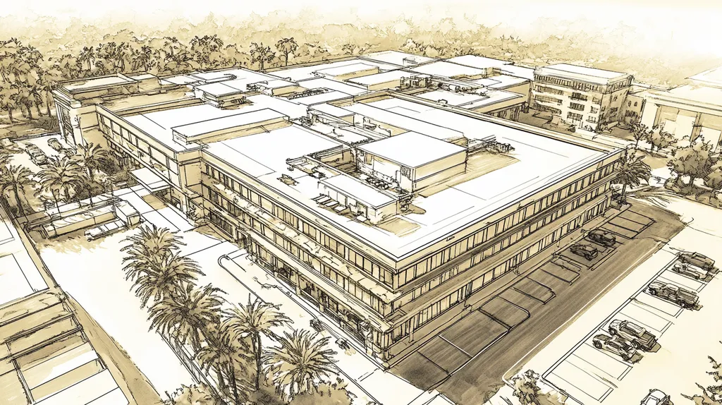 A commercial roof on a hospital in a location similar to Beverly Hills with an architectural sketch rendering aesthetic (AI image)