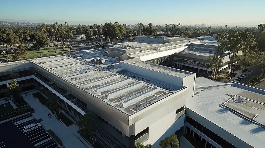 A commercial roof on a hospital in a location similar to Beverly Hills with a stainless steel aesthetic (AI image)