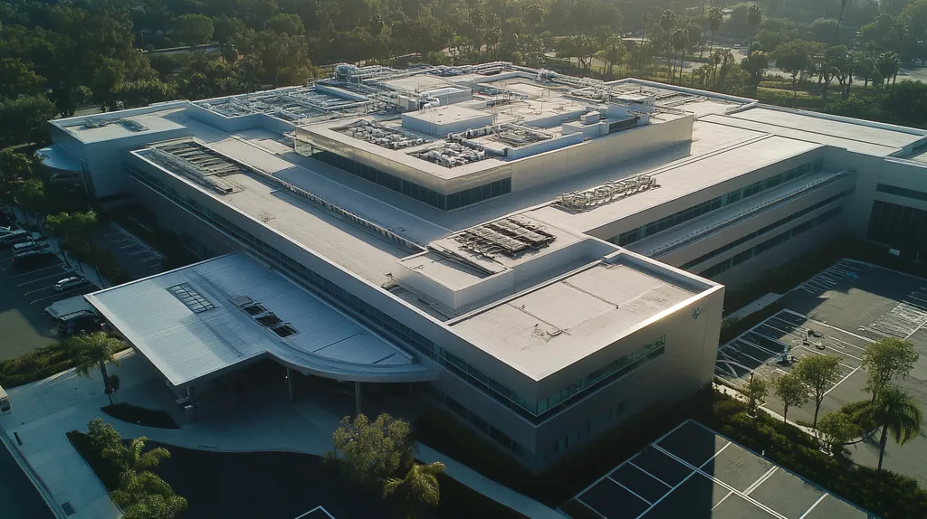 A commercial roof on a hospital in a location similar to Beverly Hills with a stainless steel aesthetic (AI image)