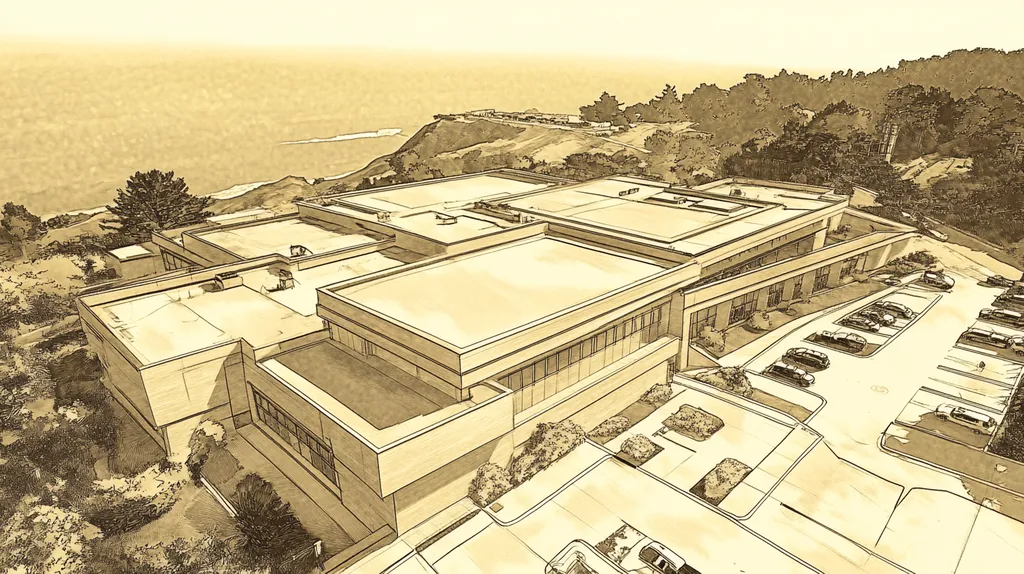 A commercial roof on a hospital in a location similar to Big Sur with an architectural sketch rendering aesthetic (AI image)