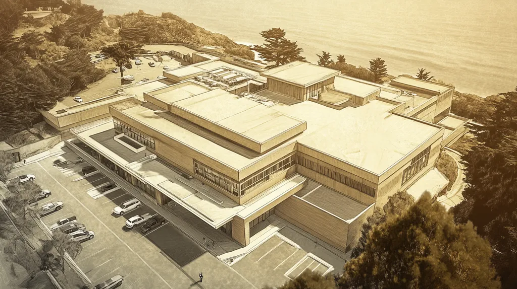 A commercial roof on a hospital in a location similar to Big Sur with an architectural sketch rendering aesthetic (AI image)