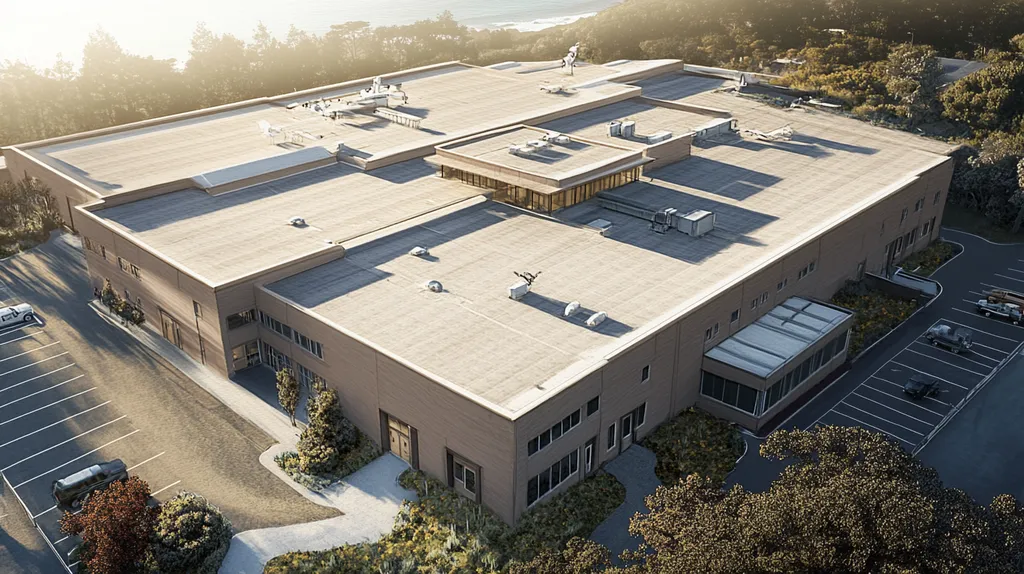 A commercial roof on a hospital in a location similar to Big Sur with an architectural sketch rendering aesthetic (AI image)