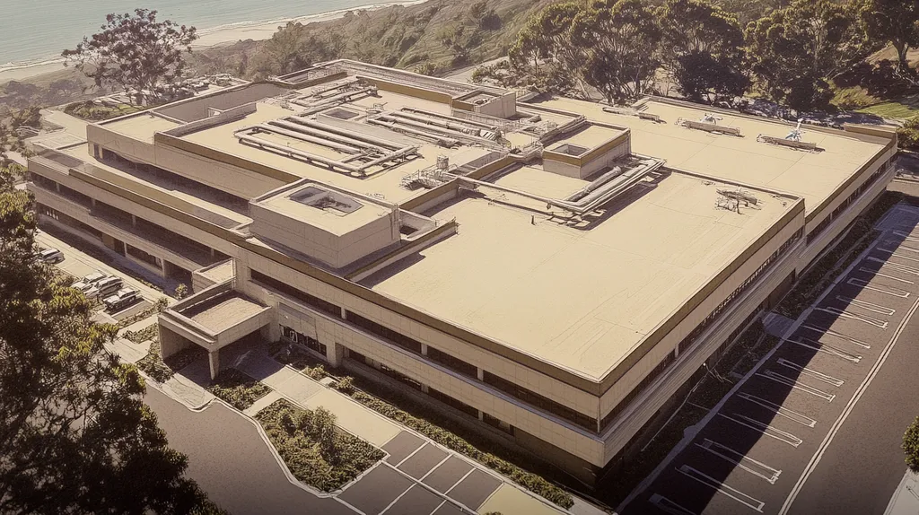 A commercial roof on a hospital in a location similar to Big Sur with an architectural sketch rendering aesthetic (AI image)