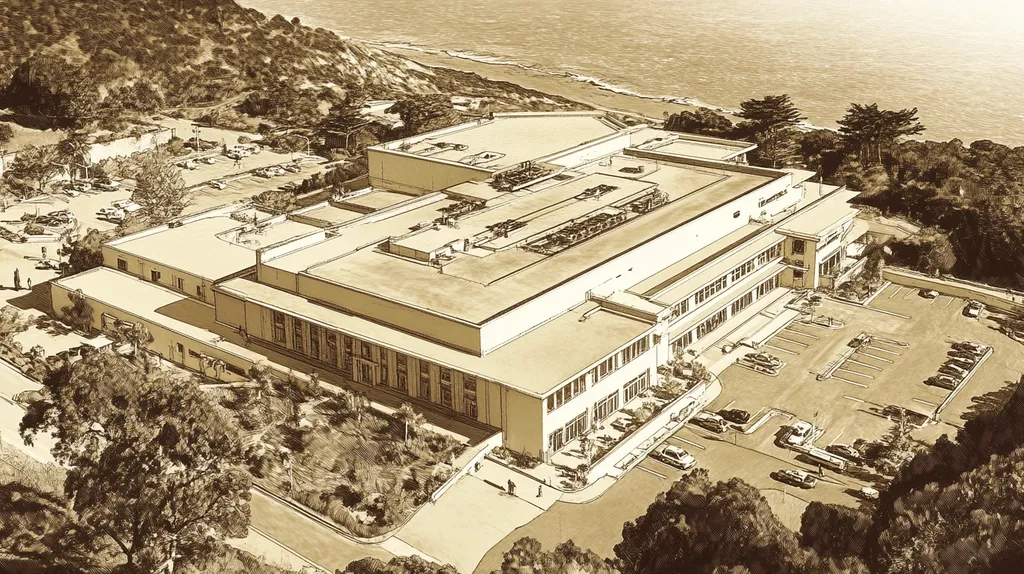 A commercial roof on a hospital in a location similar to Big Sur with an architectural sketch rendering aesthetic (AI image)