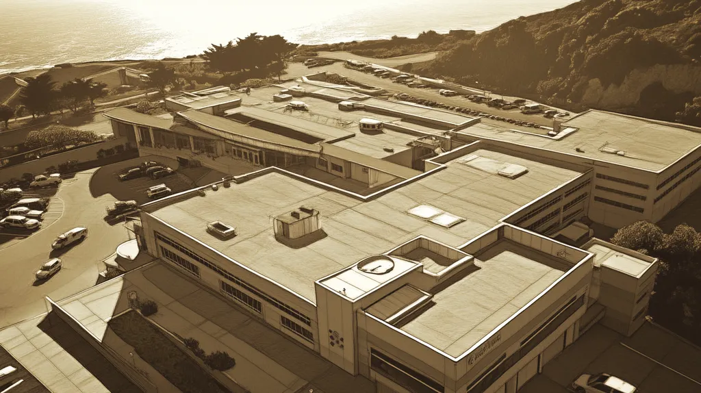 A commercial roof on a hospital in a location similar to Big Sur with an architectural sketch rendering aesthetic (AI image)