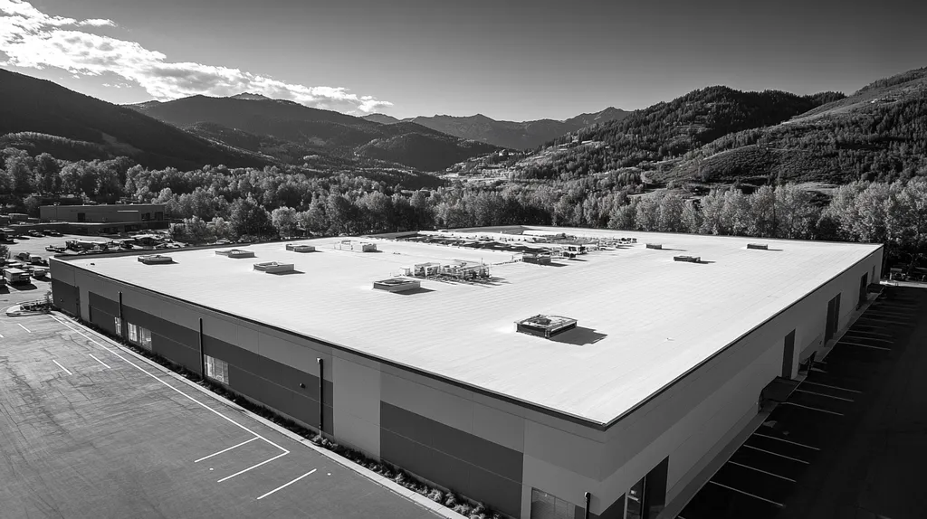 A commercial roof on a manufacturing plant in a location similar to Aspen with a black-and-white photography aesthetic (AI image)