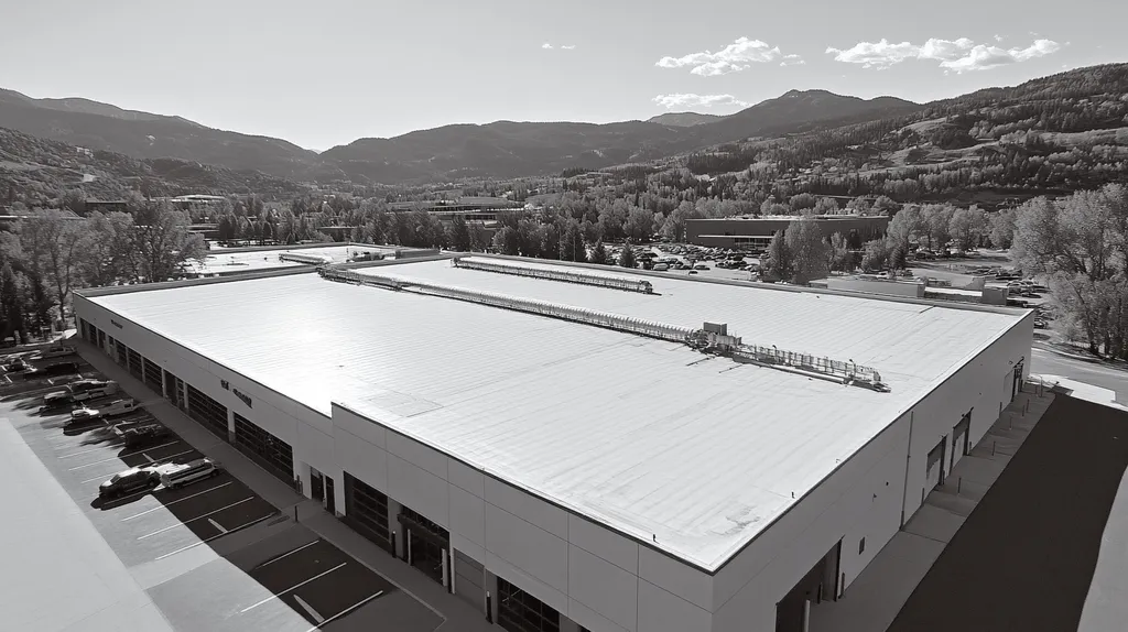 A commercial roof on a manufacturing plant in a location similar to Aspen with a black and white photography aesthetic (AI image)
