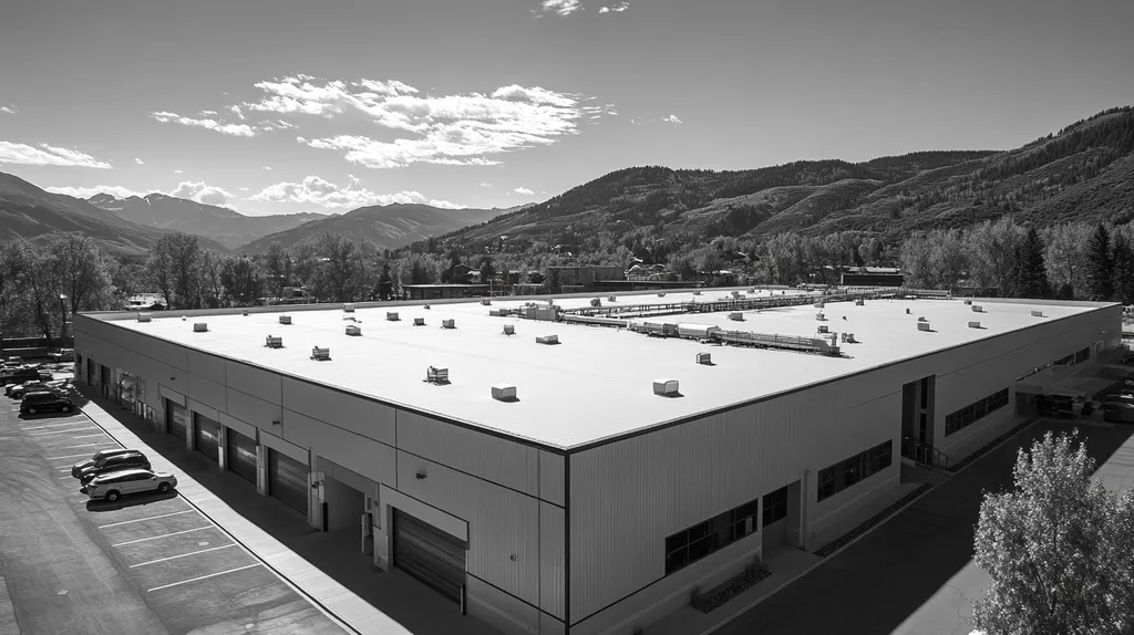 A commercial roof on a manufacturing plant in a location similar to Aspen with a black and white photography aesthetic (AI image)