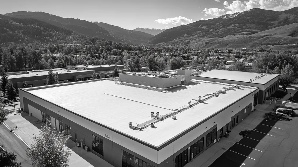 A commercial roof on a manufacturing plant in a location similar to Aspen with a black and white photography aesthetic (AI image)