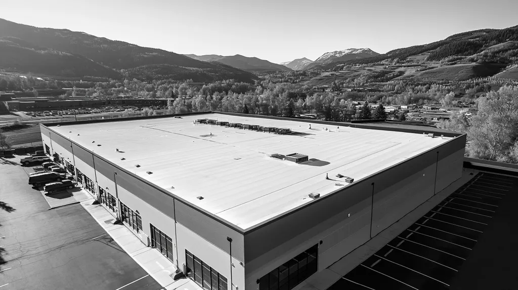 A commercial roof on a manufacturing plant in a location similar to Aspen with a black and white photography aesthetic (AI image)