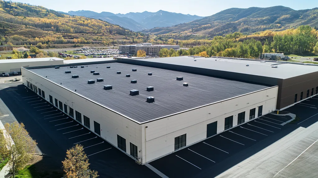A commercial roof on a manufacturing plant in a location similar to Aspen with a color highlight aesthetic (AI image)