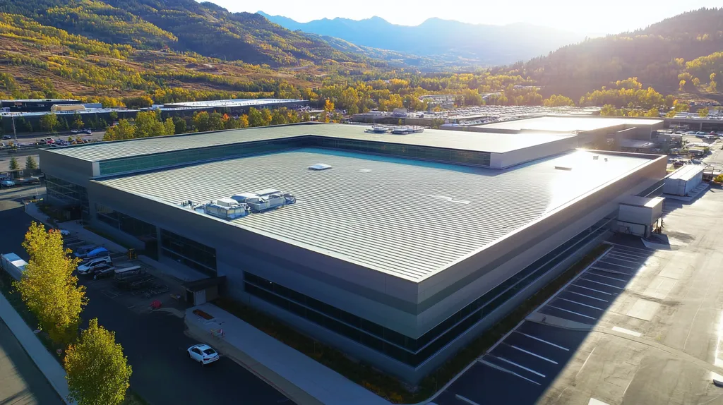 A commercial roof on a manufacturing plant in a location similar to Aspen with a futuristic aesthetic (AI image)
