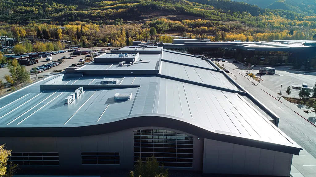 A commercial roof on a manufacturing plant in a location similar to Aspen with a futuristic aesthetic (AI image)