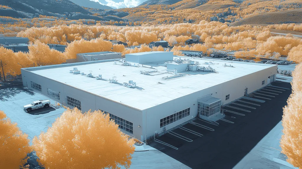 A commercial roof on a manufacturing plant in a location similar to Aspen with an infrared photography aesthetic (AI image)