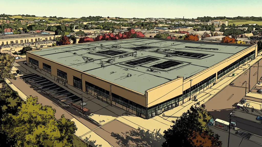 A commercial roof on a manufacturing plant in a location similar to Austin with a comic book style aesthetic (AI image)