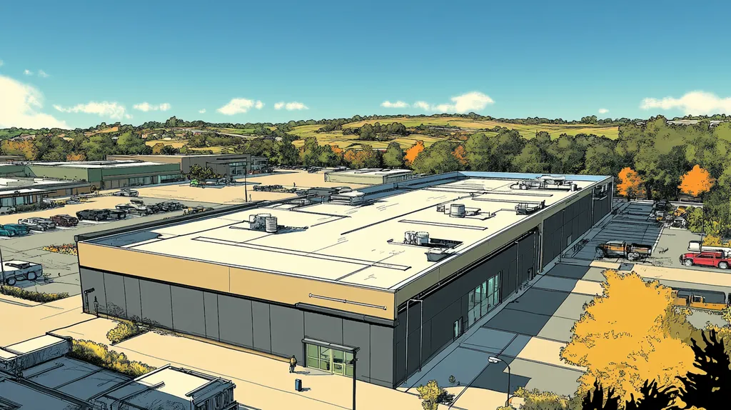 A commercial roof on a manufacturing plant in a location similar to Austin with a comic book style aesthetic (AI image)