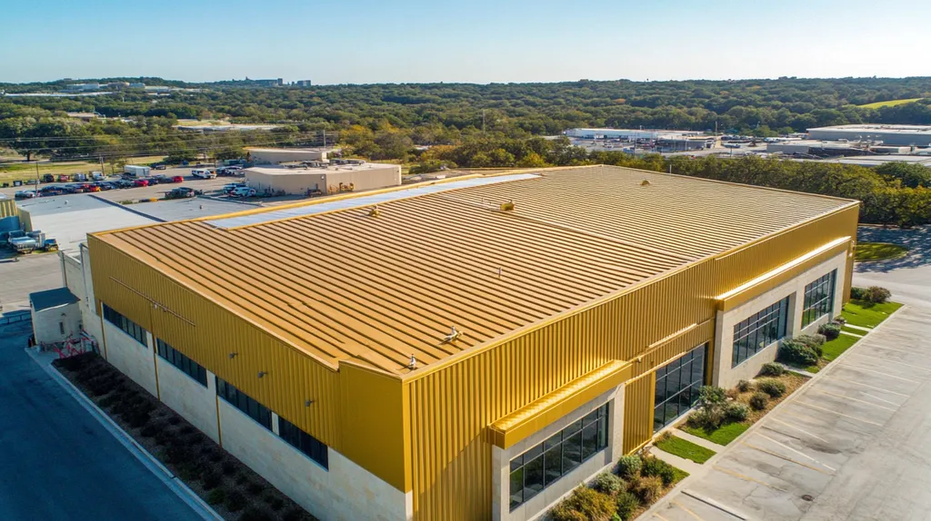 A commercial roof on a manufacturing plant in a location similar to Austin with a solid gold aesthetic (AI image)