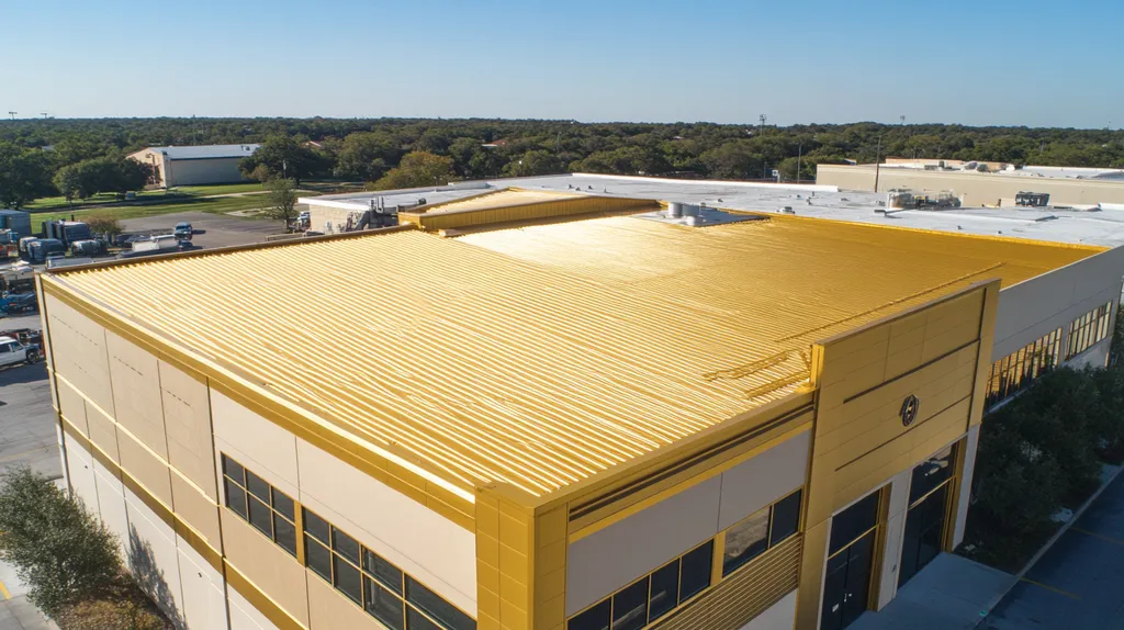 A commercial roof on a manufacturing plant in a location similar to Austin with a solid gold aesthetic (AI image)
