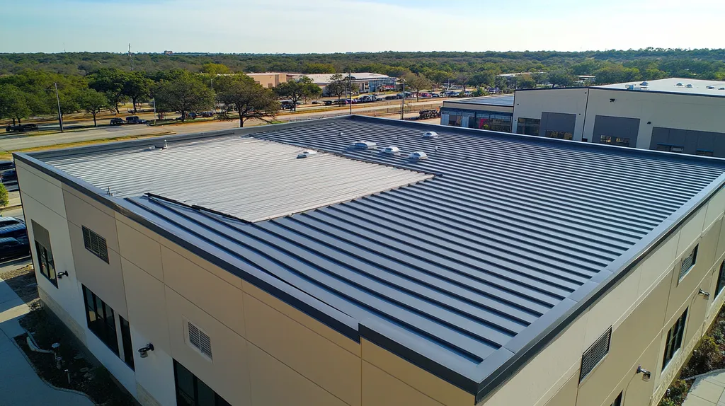 A commercial roof on a manufacturing plant in a location similar to Austin with a stainless steel aesthetic (AI image)