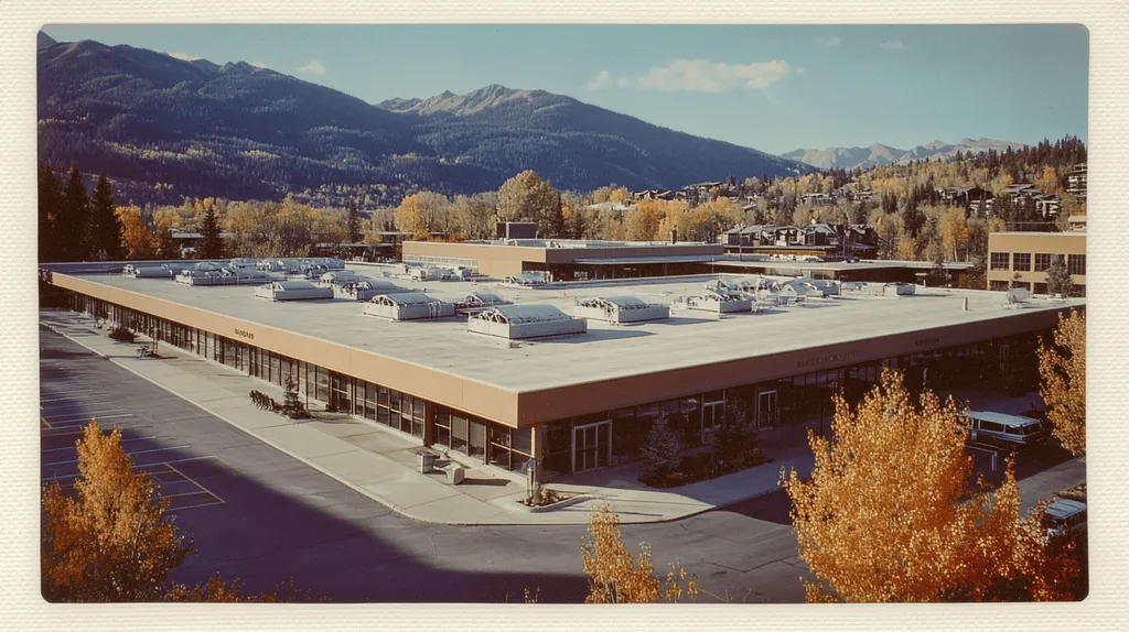 A commercial roof on a post office in a location similar to Aspen with a Polaroid aesthetic (AI image)