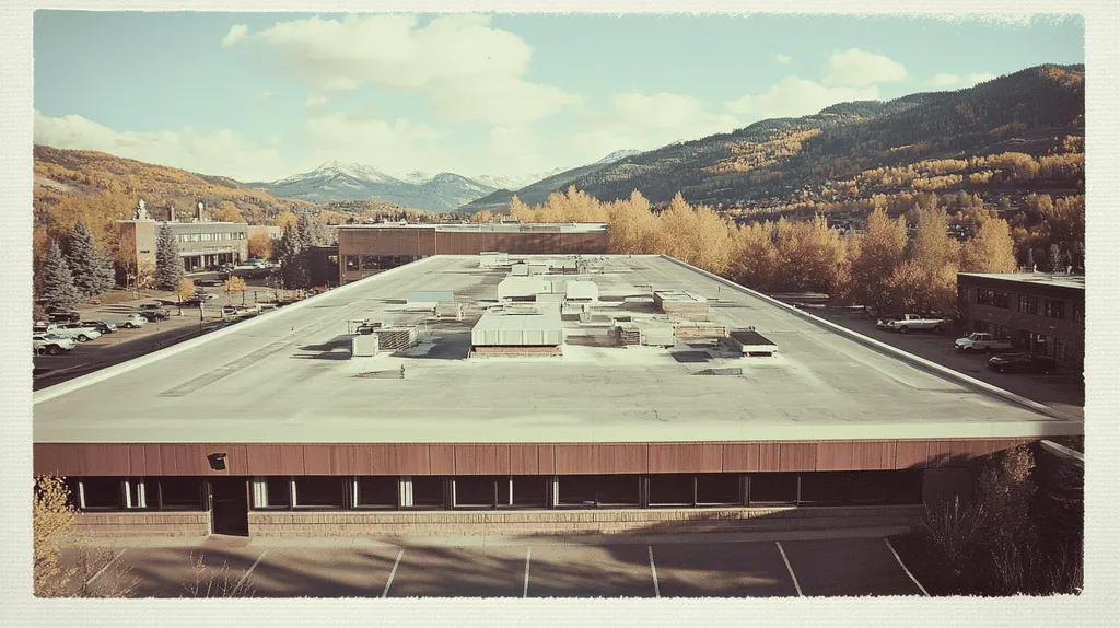 A commercial roof on a post office in a location similar to Aspen with a Polaroid aesthetic (AI image)
