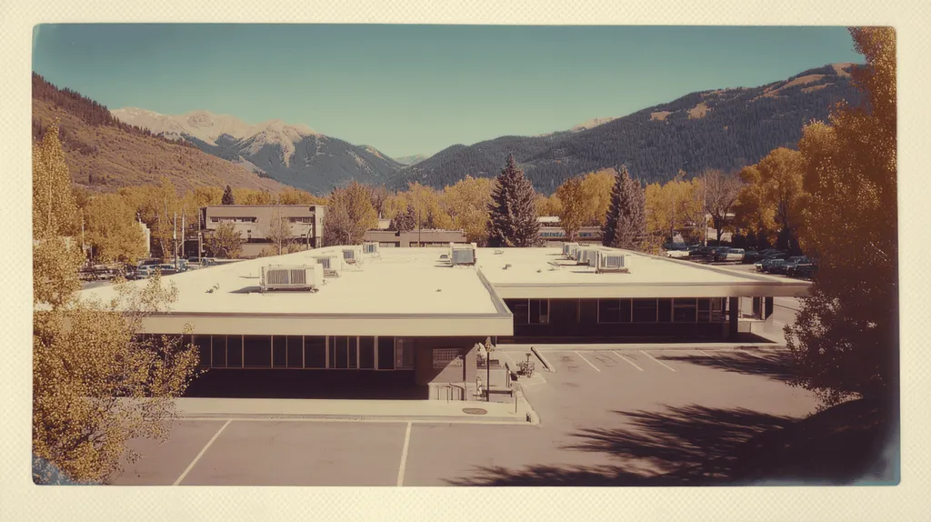 A commercial roof on a post office in a location similar to Aspen with a Polaroid aesthetic (AI image)
